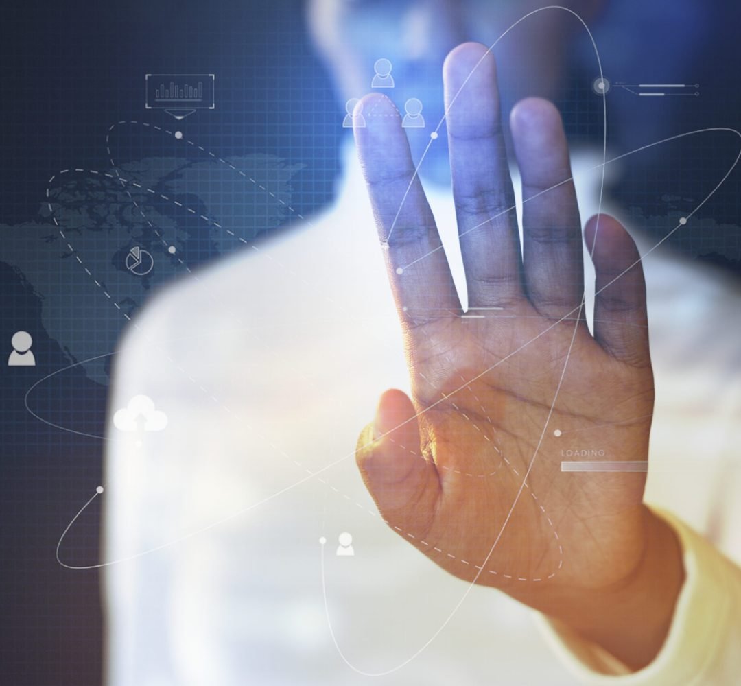 Futuristic presentation by a businesswoman in white